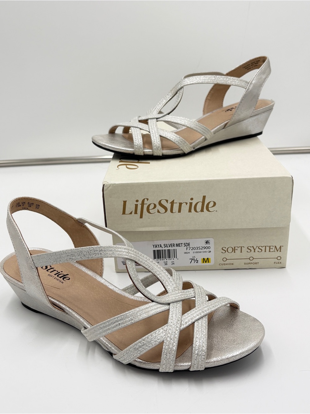 LifeStride Yaya Wedge Sandal Silver Metallic Comfort Stappy Women’s Size 7.5